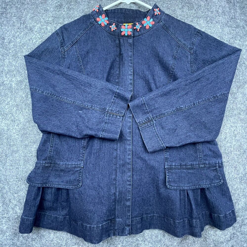 Ruby Rd. Woman Blouse 16W Denim‎ Jacket Boho Chic Beaded Hippy Peplum Retro